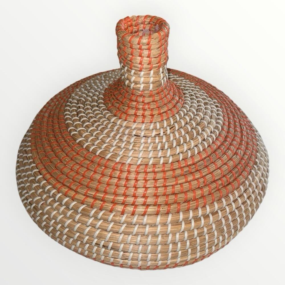 Round Wicker Lidded Decorative Basket Boho Beige/Orange 16in Freestanding - Picture 6 of 7